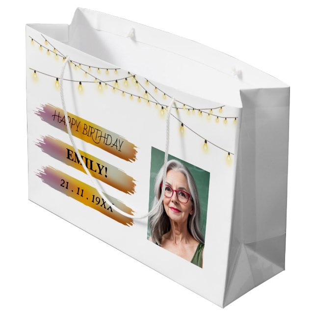 Happy Birthday photo Elegant Black white Party Large Gift Bag (Back Angled)