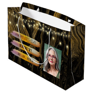Happy Birthday photo Elegant Black white Party Large Gift Bag