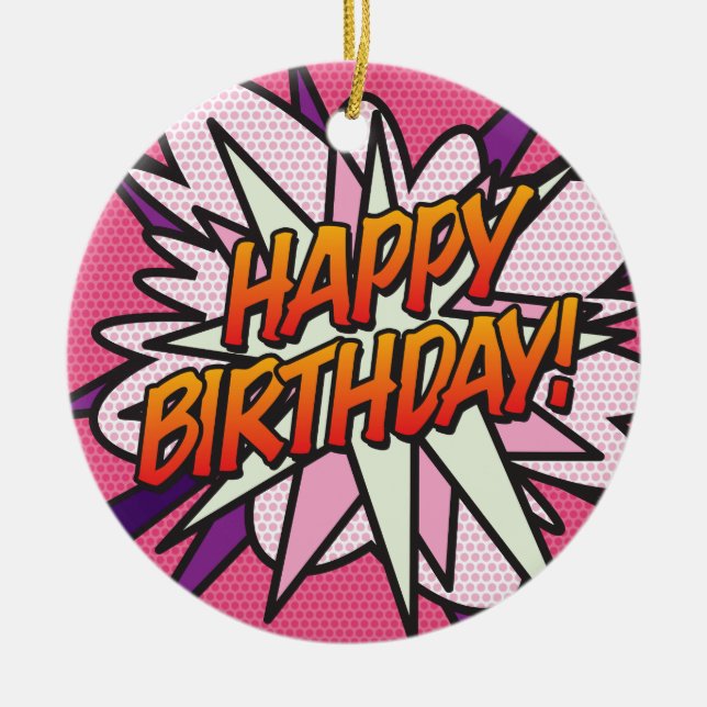 HAPPY BIRTHDAY Photo Fun Retro Comic Book Ceramic Tree Decoration (Front)