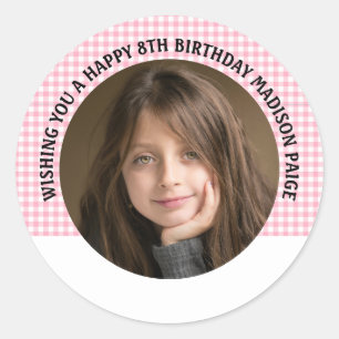 Happy Birthday Photo Gingham Pink Girls  Classic Round Sticker