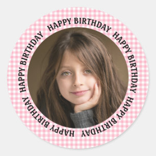 Happy Birthday Photo Gingham Pink Girls  Classic Round Sticker