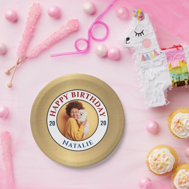 Happy Birthday Photo Gold Elegant Personalise   Paper Plate (Party)