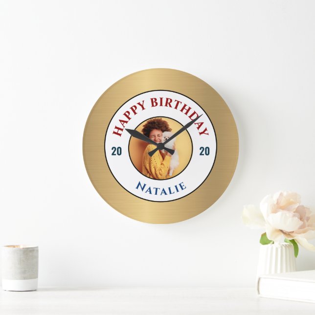 Happy Birthday Photo Gold Elegant Personalize   Large Clock (Home)