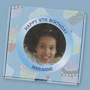 Happy Birthday Photo Kids Blue Metallic Name & Age Classic Round Sticker