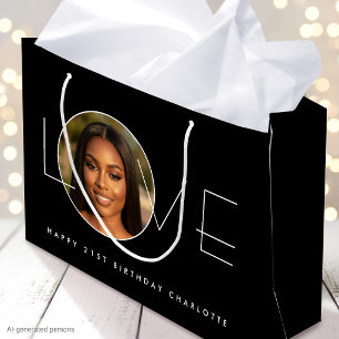 Happy Birthday Photo Love Typography Elegant Black Large Gift Bag