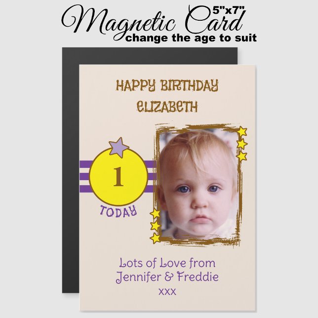 Happy Birthday photo name age purple magnetic card (Creator Uploaded)