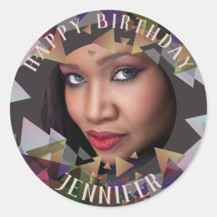 Happy Birthday PHOTO Stickers Mauve Taupe Polygon