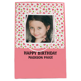 Happy Birthday Photo Strawberry Pink Girls Medium Gift Bag