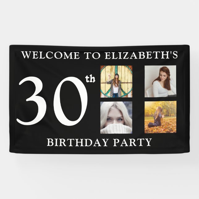 Happy Birthday Photos Party Black And White Banner (Horizontal)