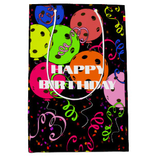 Happy Birthday Pickleball Balloons Confetti Black Medium Gift Bag