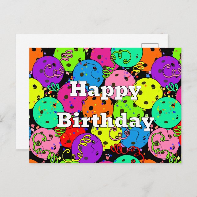 Happy Birthday Pickleball Balloons Confetti Black Postcard (Front/Back)