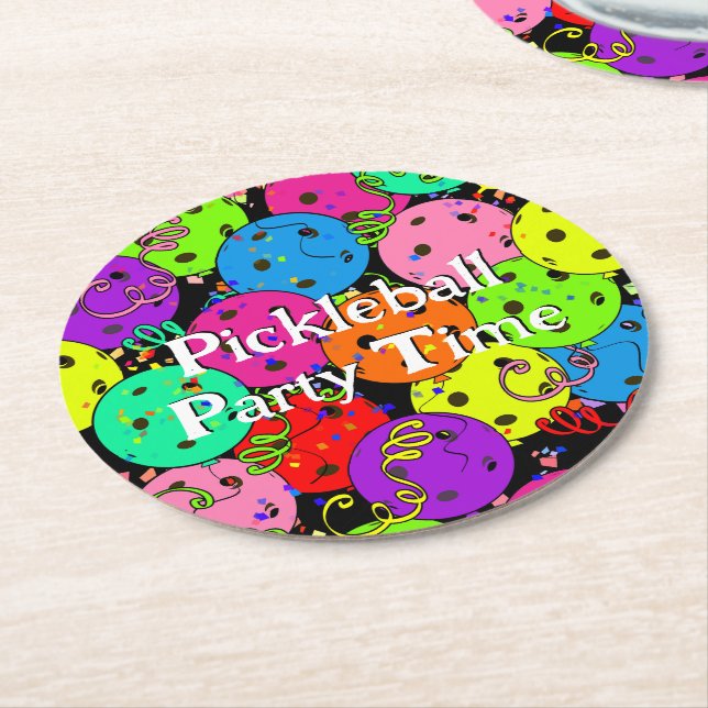 Happy Birthday Pickleball Balloons Confetti Black Round Paper Coaster (Angled)
