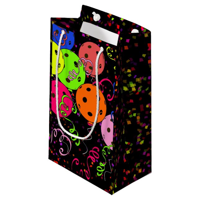 Happy Birthday Pickleball Balloons Confetti Black Small Gift Bag (Front Angled)