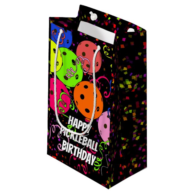 Happy Birthday Pickleball Balloons Confetti Black Small Gift Bag (Front Angled)