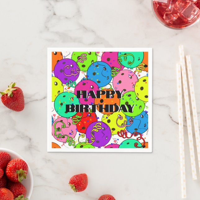 Happy Birthday Pickleball Balloons Confetti White Napkin (Insitu)
