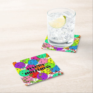 Happy Birthday Pickleball Balloons Confetti White Square Paper Coaster