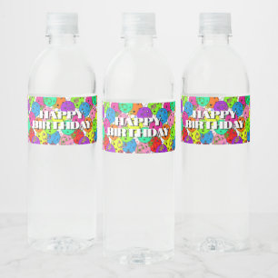 Happy Birthday Pickleball Balloons Confetti White Water Bottle Label