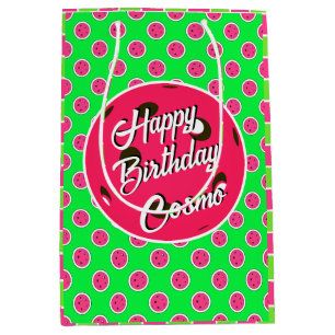 Happy Birthday Pickleball Pink Balls on Green Medium Gift Bag