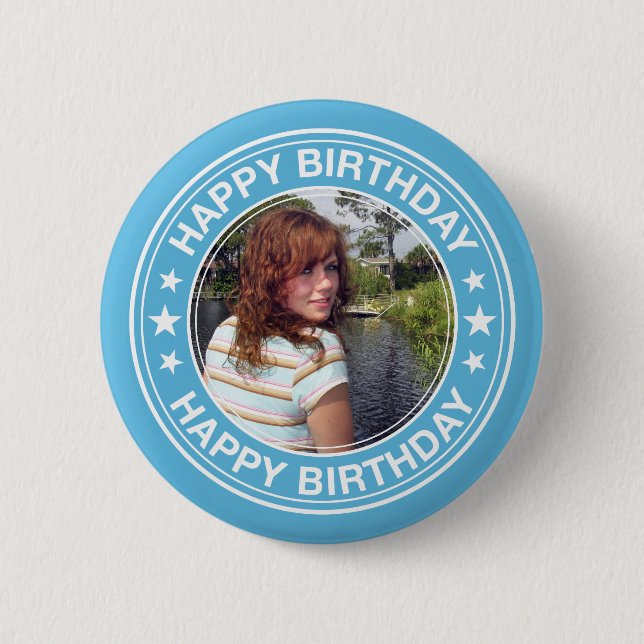 Happy Birthday Picture Frame in Blue 6 Cm Round Badge (Front)