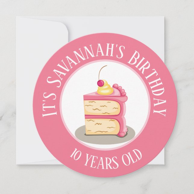 Happy Birthday, Piece of Cake Pink Circle  Invitation (Front)