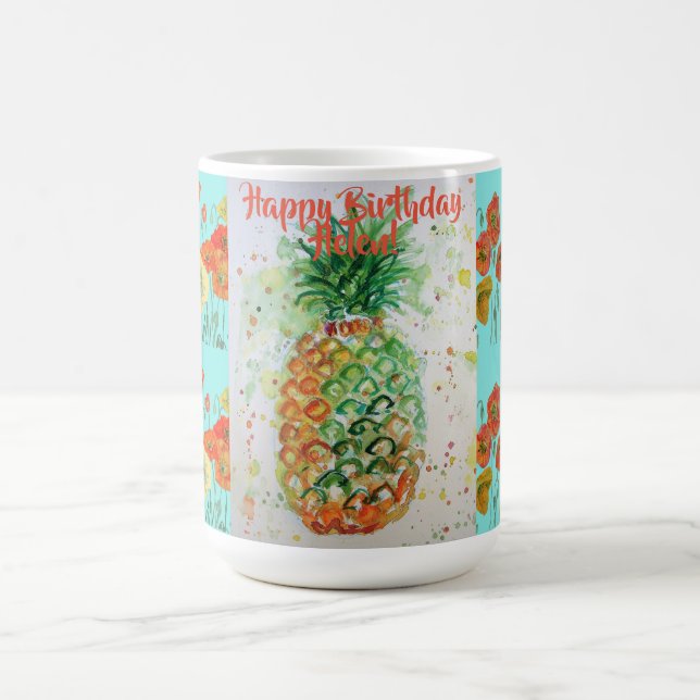 Happy Birthday Pineapple Art Orange Poppy Name Mug (Center)