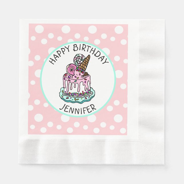Happy Birthday Pink and Mint Green Girl's Napkins (Front)