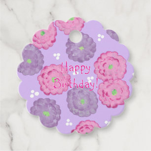 Happy Birthday Pink and Purple Flowers Gift Tags