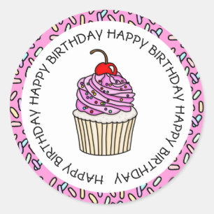 Happy Birthday Pink and Vanilla Cupcake Classic Round Sticker