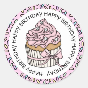Happy Birthday Pink and Vanilla Cupcake Classic Round Sticker