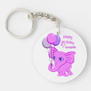 Happy Birthday Pink Baby Elephant Custom Name Key Ring