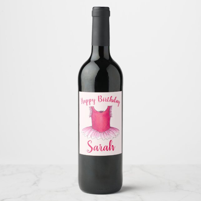 Happy Birthday Pink Ballet Dance Ballerina Tutu Wine Label (Front)