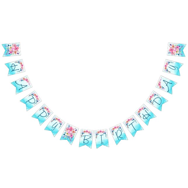 Happy Birthday Pink Blue Turquoise Floral Bunting (All)