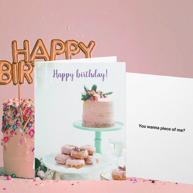 Happy Birthday Pink Cake and Doughnuts Funny Quote Card (Happy Birthday Pink Cake and Donuts Funny Quote Card)