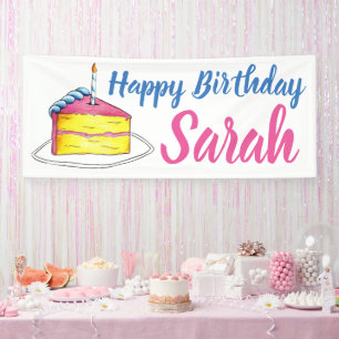 Happy Birthday Pink Cake Slice Candle Party Favour Banner