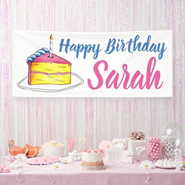 Happy Birthday Pink Cake Slice Candle Party Favour Banner (Party)