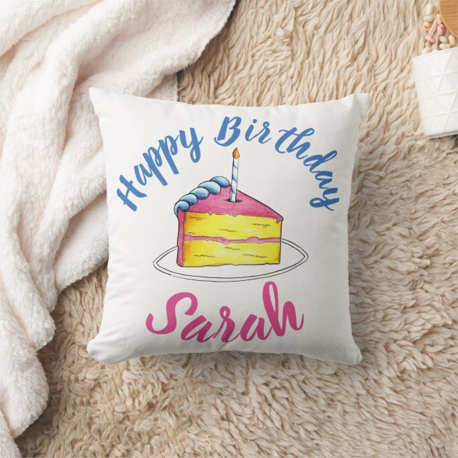 Happy Birthday Pink Cake Slice Candle Party Favour Cushion (Blanket)