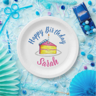Happy Birthday Pink Cake Slice Candle Party Favour Paper Plate