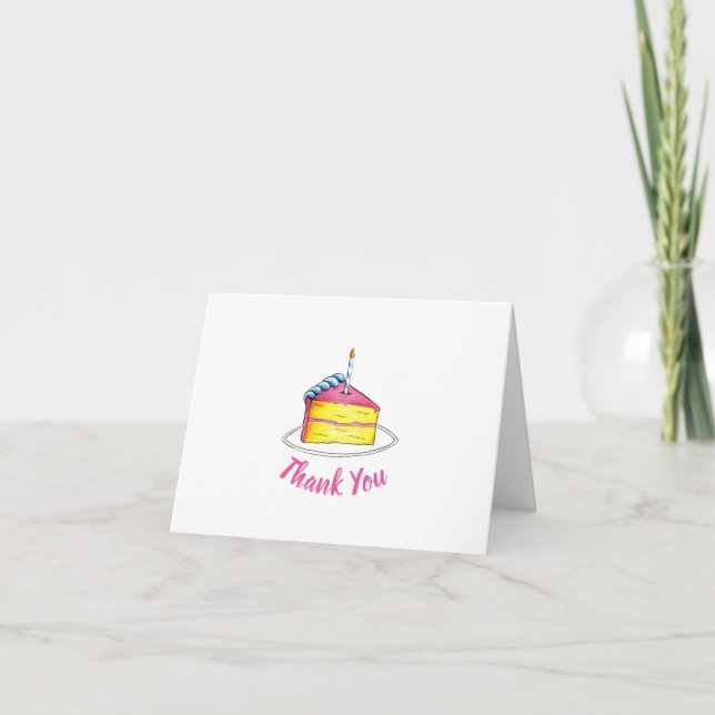 Happy Birthday Pink Cake Slice Candle Party Favour Thank You Card (Front)