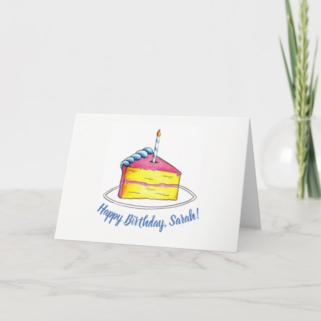 Happy Birthday Pink Cake Slice Candle Personalised Card (Front)