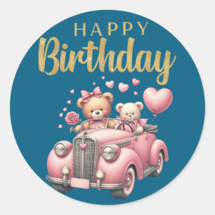 Happy Birthday Pink Car and Bears Sticker