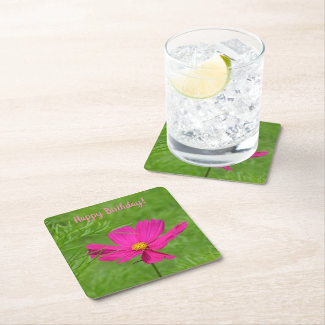 Happy Birthday Pink Cosmos Square Paper Coaster (Insitu)