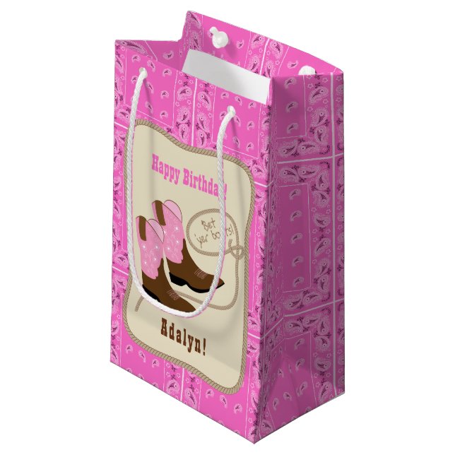 Happy Birthday Pink Cowgirl Boots & Bandanna Small Gift Bag (Front Angled)