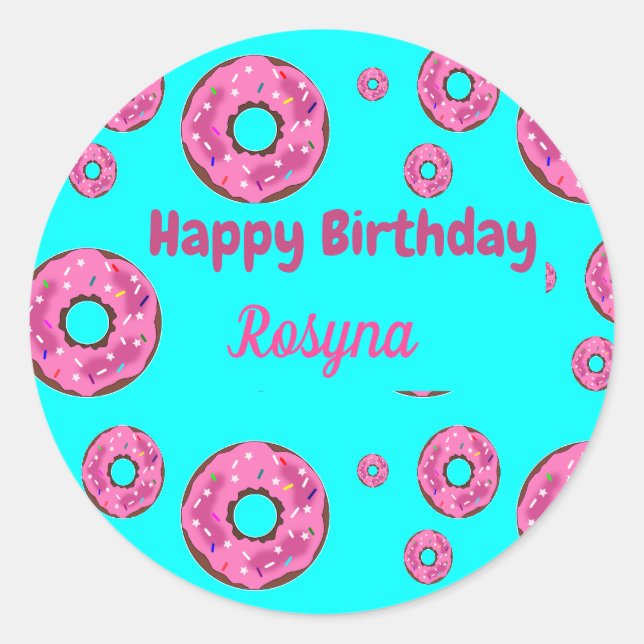 Happy Birthday pink cream doughnuts blue Classic Round Sticker (Front)