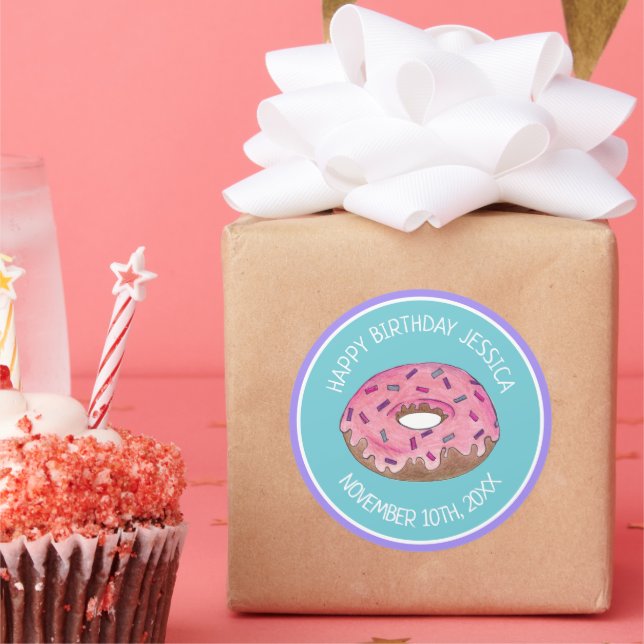Happy Birthday Pink Doughnut Doughnut Bday Girl Pa Classic Round Sticker (Party)