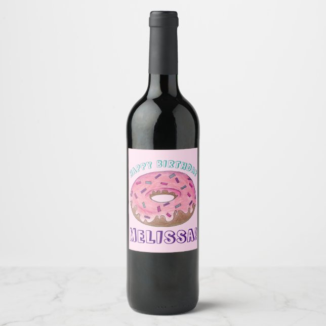 Happy Birthday Pink Doughnut Doughnut Party Favour Wine Label (Front)