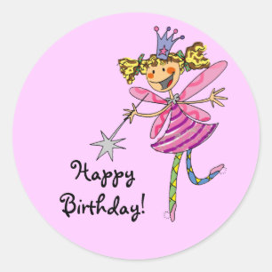 Happy Birthday! (pink fairy) Classic Round Sticker