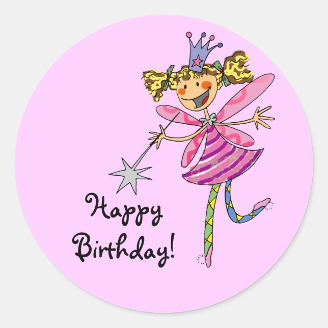 Happy Birthday! (pink fairy) Classic Round Sticker (Front)