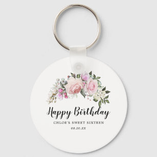 Happy Birthday Pink  Floral Sweet 16 Party Favour Key Ring