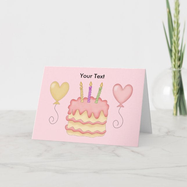 Happy Birthday Pink Girl Balloons Cake Card (Front)