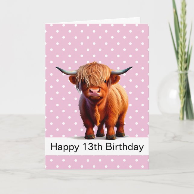 HAPPY BIRTHDAY Pink GIRL LONG HAIR BROWN COW CARD (Front)